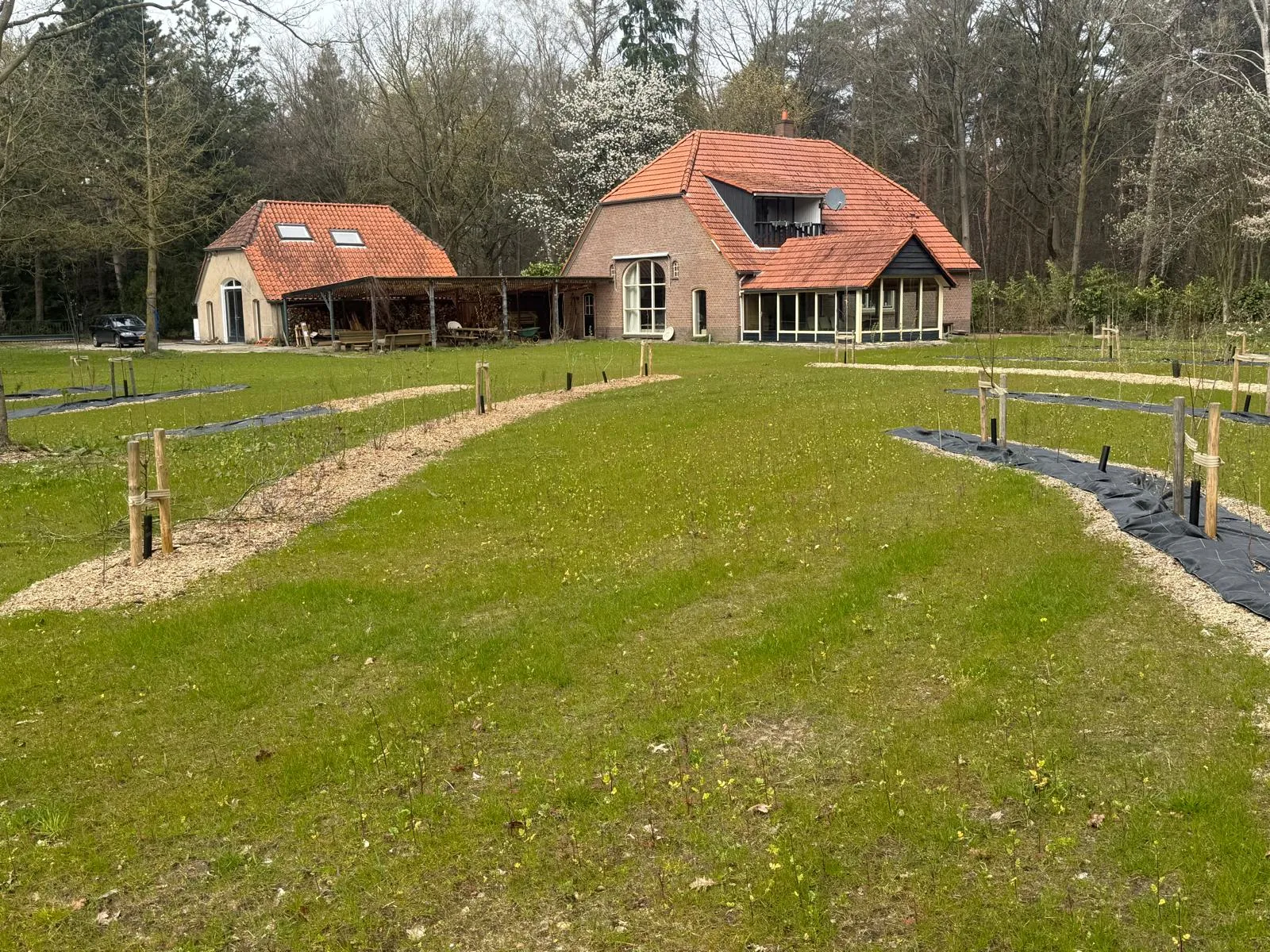 Het Windmolenveld nu, met het huis en de bijgebouwen en de pas uitgezette moestuinbedden in de tuin die wordt aangelegd