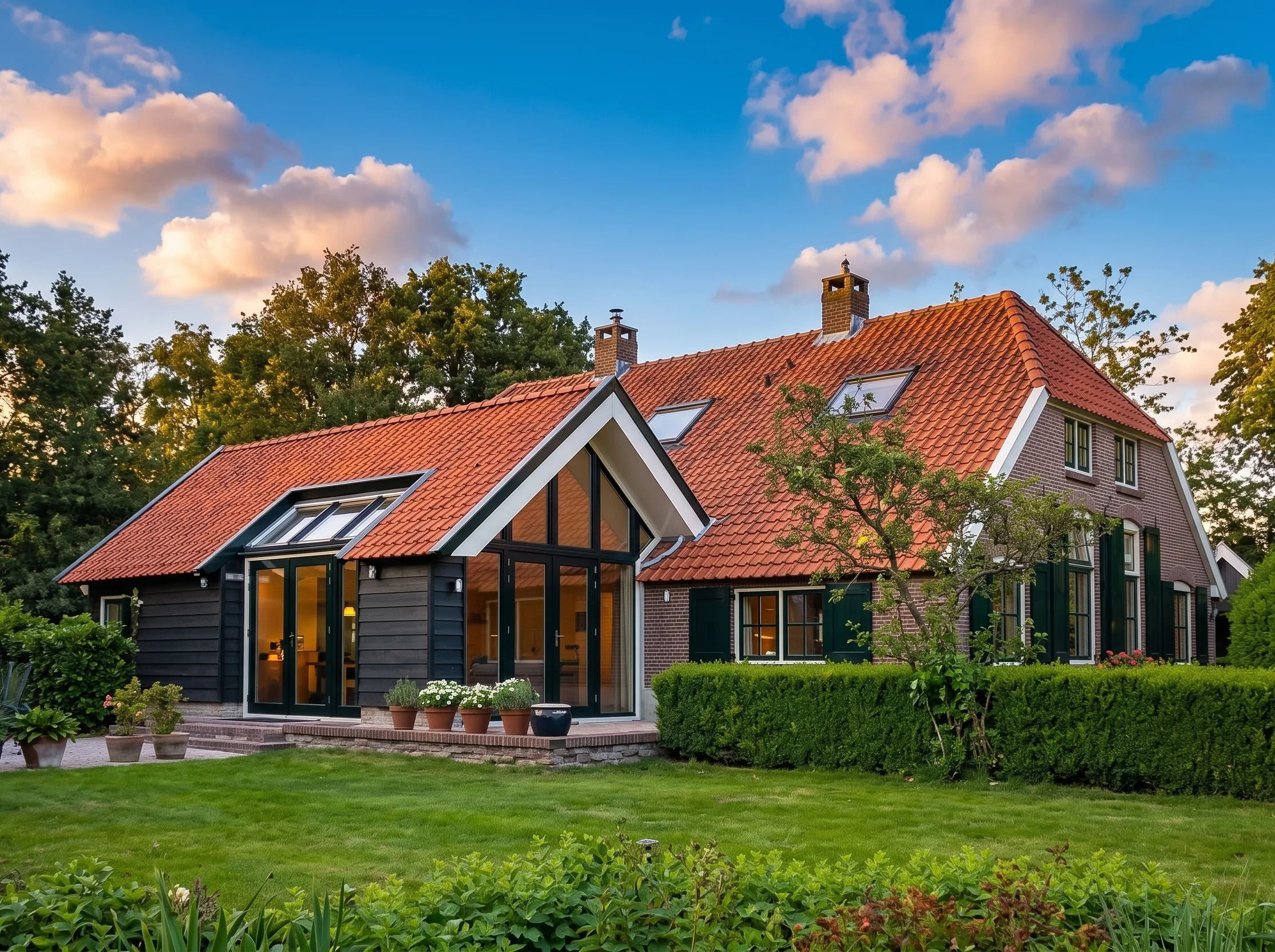 Het Windmolenveld na de renovatie: de karakteristieke rode dakpannen, het donkere houtwerk en de grote glazen topgevel boven een verzorgde tuin in warm avondlicht